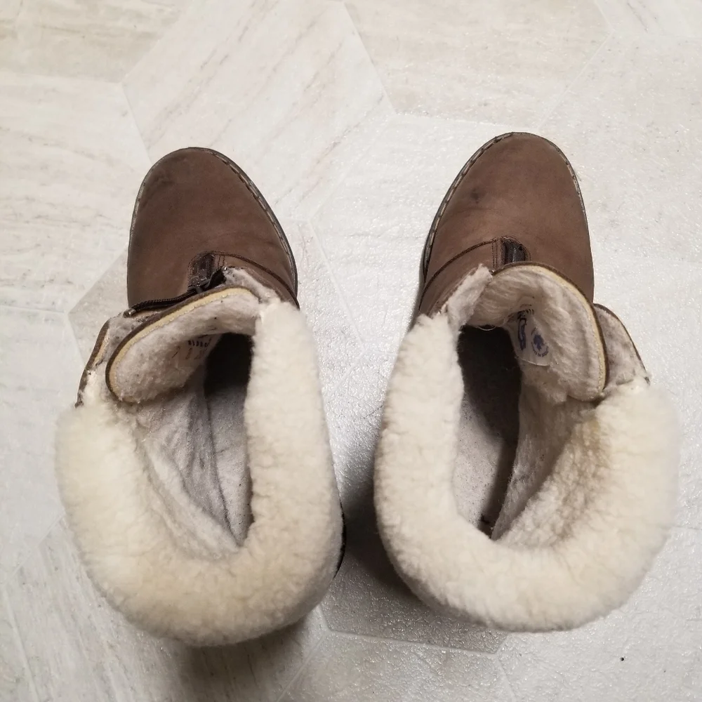 Blondo Waterproof Brown Leather Chunky Heel White Sherpa Cuff Zip Ankle Boots 7‎